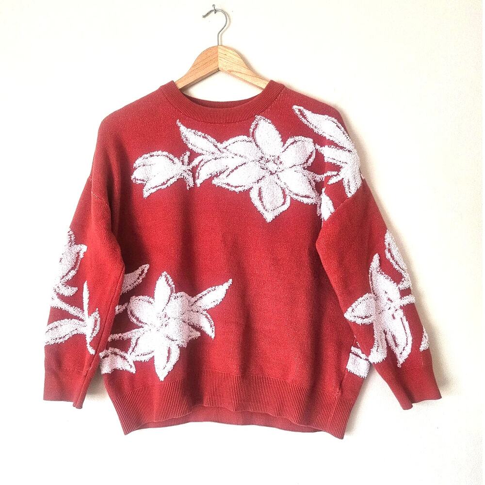 Nicole Miller New York Cozy Knit Sweater, Rust White Raised Floral Print Size 1X